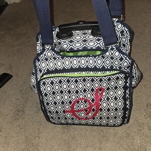 Navy and White Patterned Tote Bag with Red Accent
